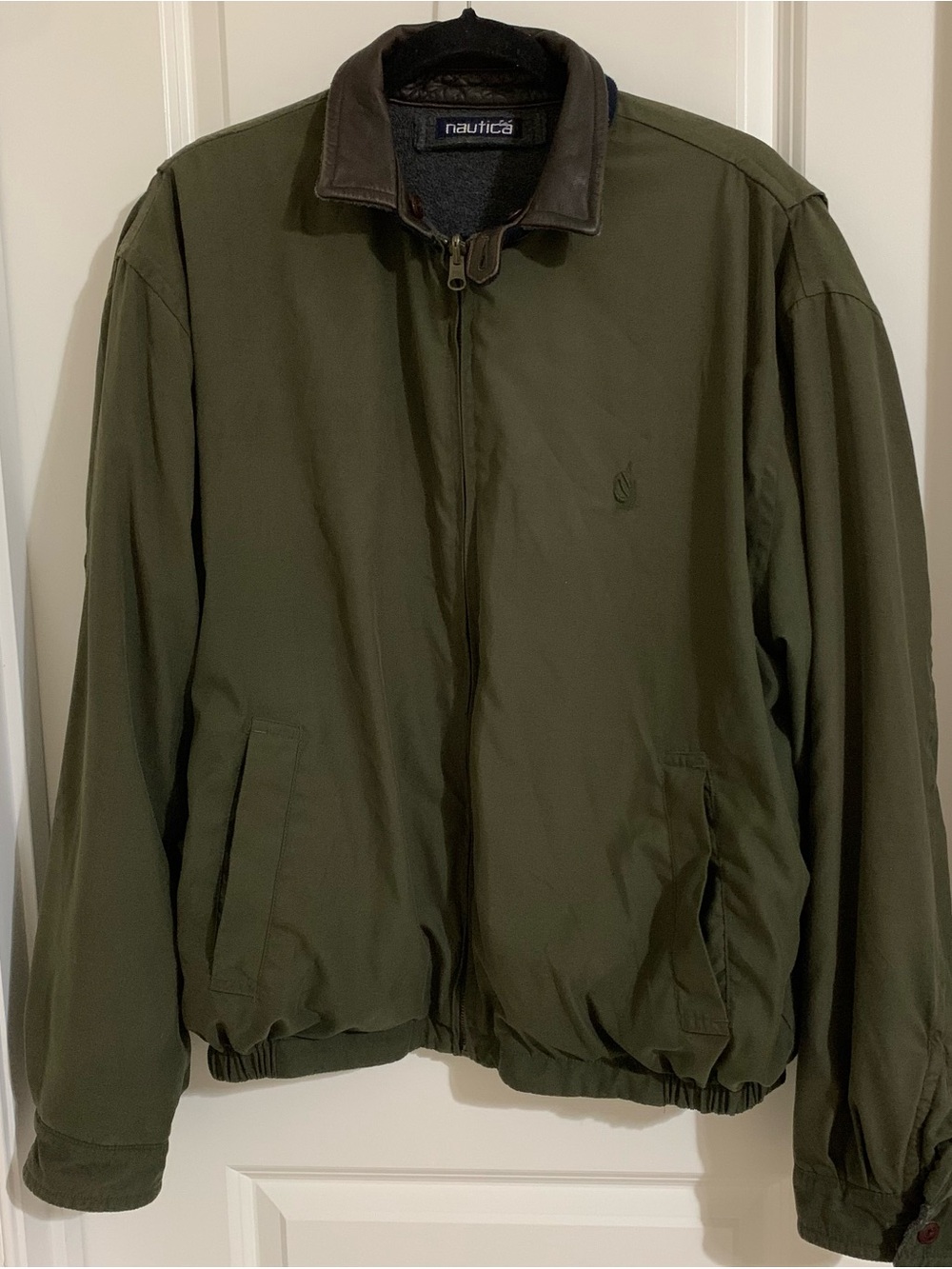 Nautica Men’s Vintage Reversible Olive Green/Gray Fuzzy Jacket, L
